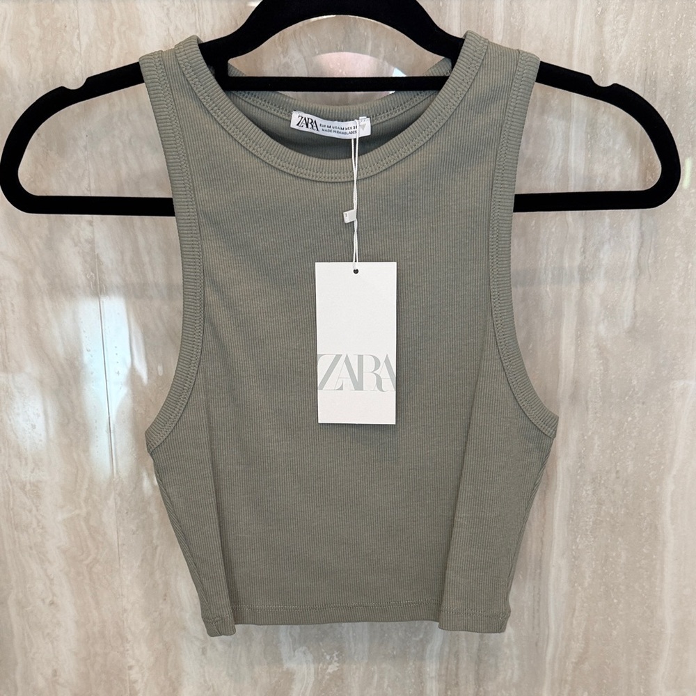 Zara Women's Sage Green Ribbed Crop Top